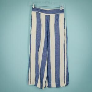 Madewell Size XS Hutson Linen Blue Ivory Stripe Print Pull On Crop Wide Pants